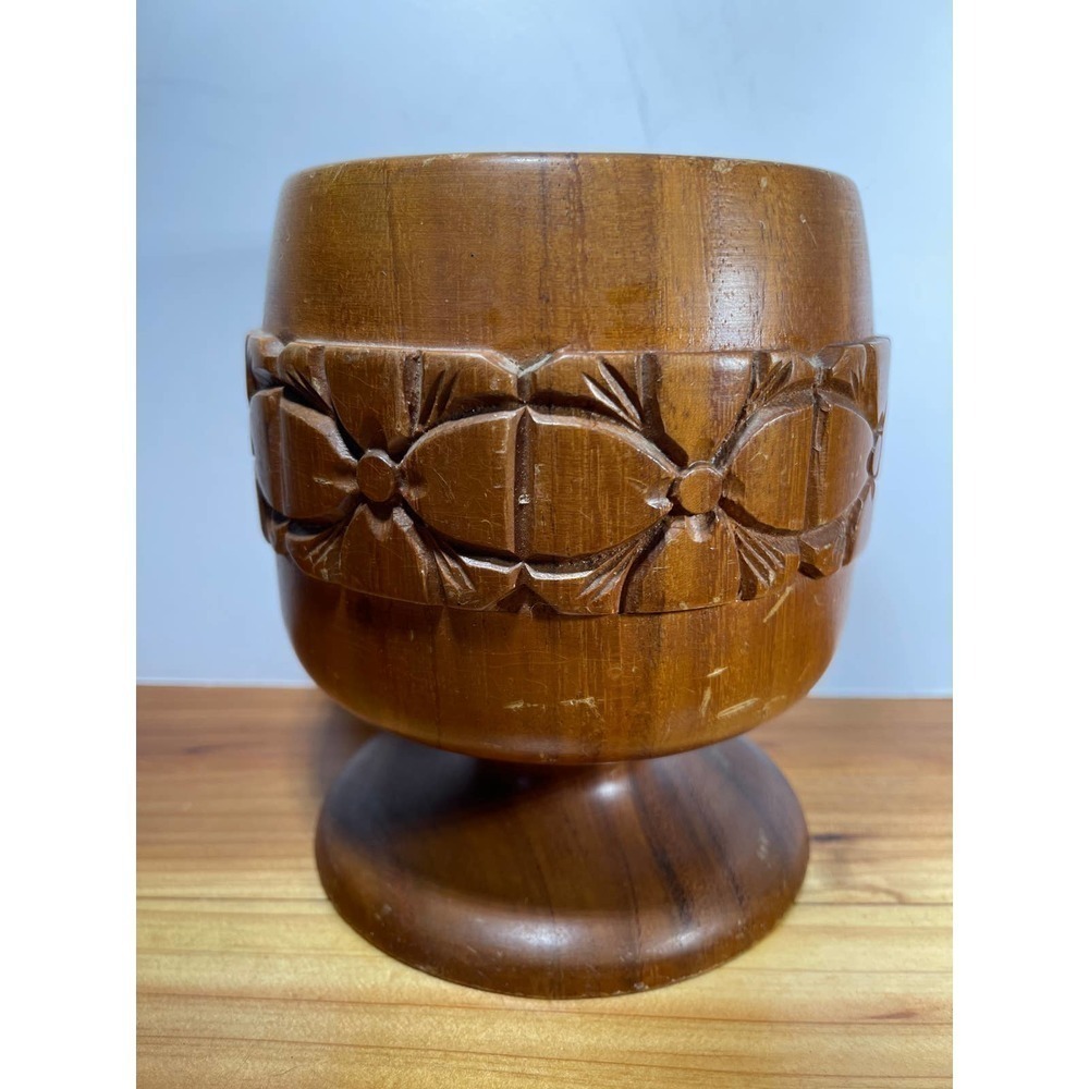 CARVED Wood Teak Pedestal Bowl Mortar Goblet Chocolate Pot Tiki Hut Island Palm